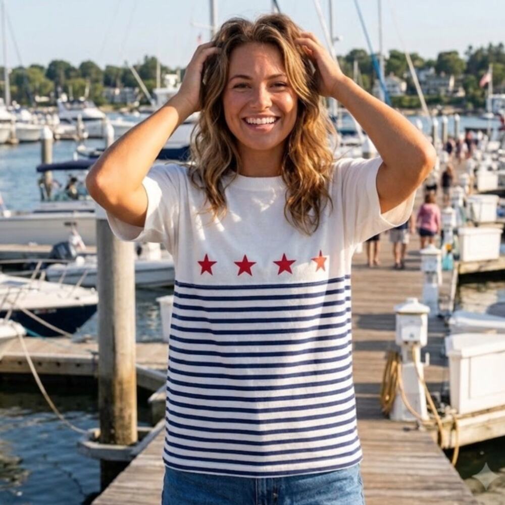 Vintage 80s Nautical Stripe T Shirt Boat Neck Embroidered Coastal Grandma Beach
